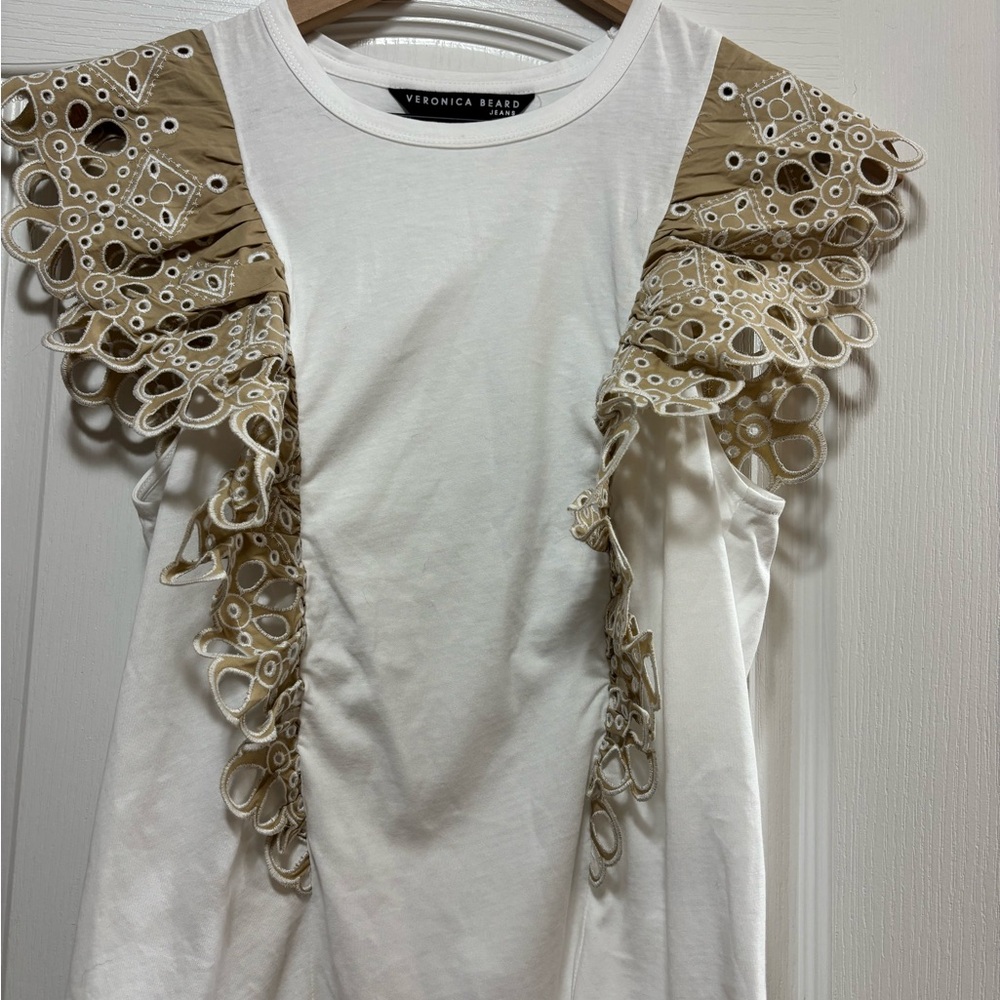 Veronica Beard White and Tan Lace Ruffle Blouse - Picture 6 of 10